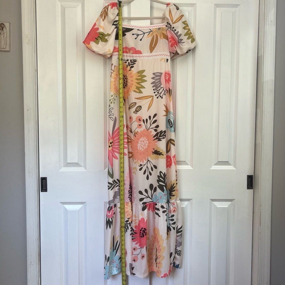 Floral Bohemian Square Neck‎ Puff Sleeve Tiered Ruffled Hem Maxi Dress Size M - Picture 6 of 16